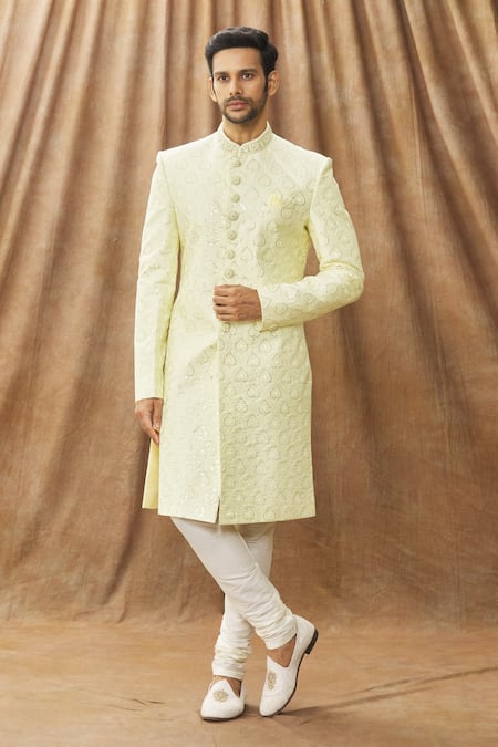 Arihant Rai Sinha Yellow Sherwani Art Silk Embroidery Thread Work With Churidar 