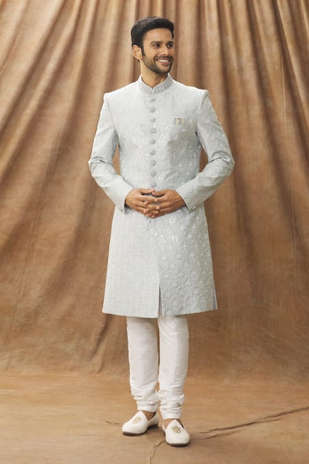 Arihant Rai Sinha Grey Sherwani Art Silk Embroidery Thread Work With Churidar 