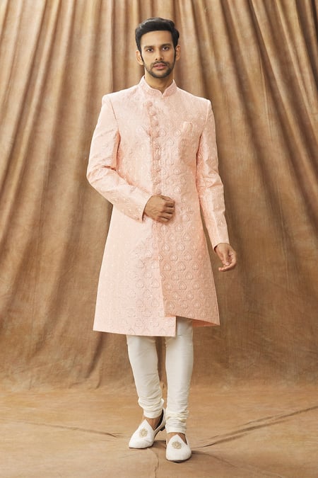 Arihant Rai Sinha Peach Sherwani Art Silk Embroidery Thread Work With Churidar 