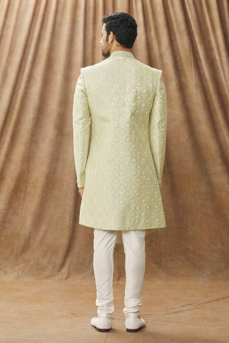 Shop_Arihant Rai Sinha_Green Silk Embroidery Sherwani With Churidar_at_Aza_Fashions