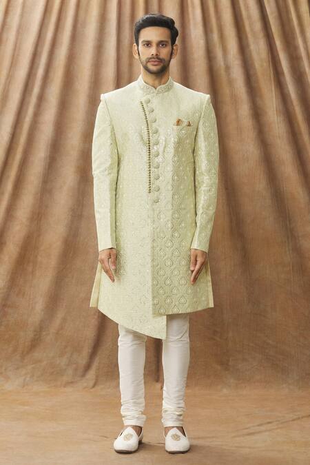 Arihant Rai Sinha_Green Silk Embroidery Sherwani With Churidar_Online_at_Aza_Fashions