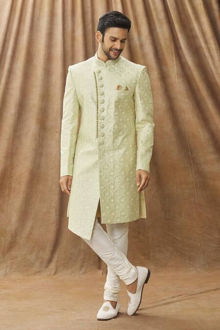 Buy_Arihant Rai Sinha_Green Silk Embroidery Sherwani With Churidar_Online_at_Aza_Fashions
