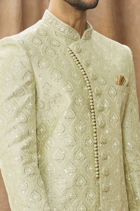 Shop_Arihant Rai Sinha_Green Silk Embroidery Sherwani With Churidar_Online_at_Aza_Fashions