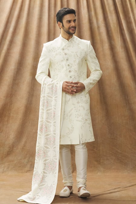 Shop_Arihant Rai Sinha_Cream Paisley Pattern Stole _Online_at_Aza_Fashions