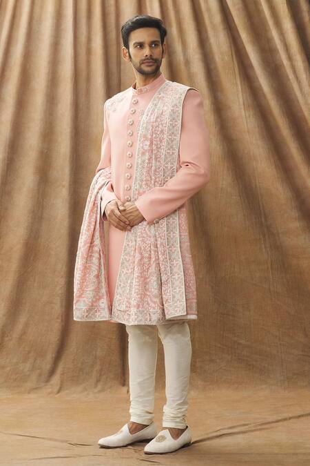 Shop_Arihant Rai Sinha_Peach Floral Pattern Stole _Online_at_Aza_Fashions