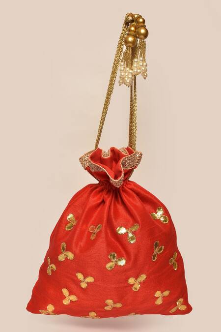 Buy_Khwaab By Sanjana Lakhani_Red Embroidered Raw Silk Potli_Online_at_Aza_Fashions