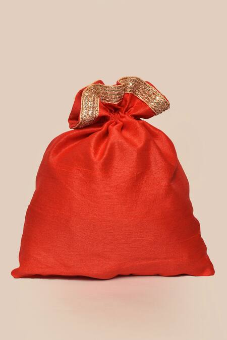 Shop_Khwaab By Sanjana Lakhani_Red Embroidered Raw Silk Potli_Online_at_Aza_Fashions