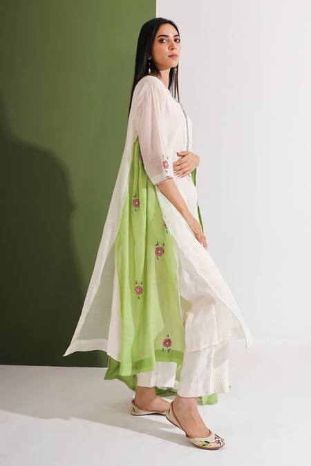 Shop Neelu Sethi Off White Chanderi And Cotton Lining Shantoon Notched Kurta Pant Set at Aza Fashions Shop_Neelu Sethi_Off White Chanderi And Cotton Lining Shantoon Notched Kurta Pant Set_at_Aza_Fashions
