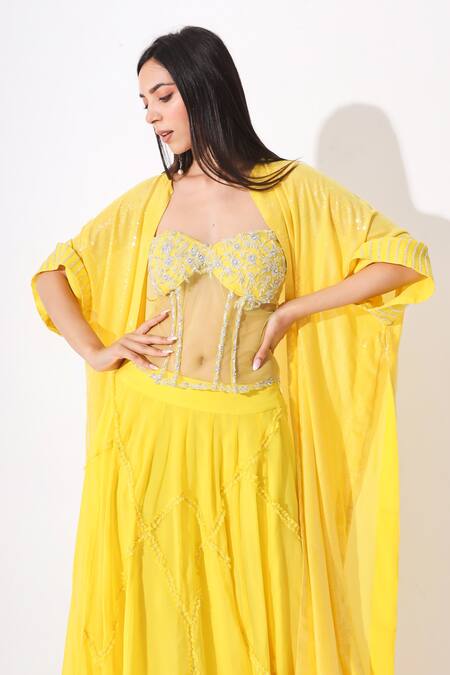 Neelu Sethi_Yellow Organza Net And Georgette Lining Shantoon Embroidered Cape Lehenga Set_Online_at_Aza_Fashions