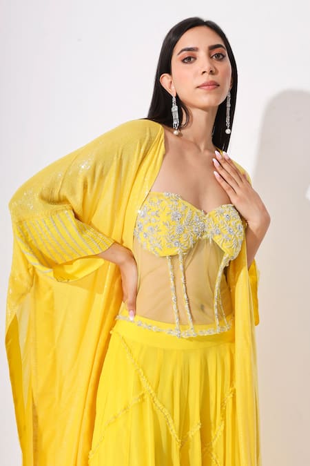 Buy_Neelu Sethi_Yellow Organza Net And Georgette Lining Shantoon Embroidered Cape Lehenga Set_Online_at_Aza_Fashions