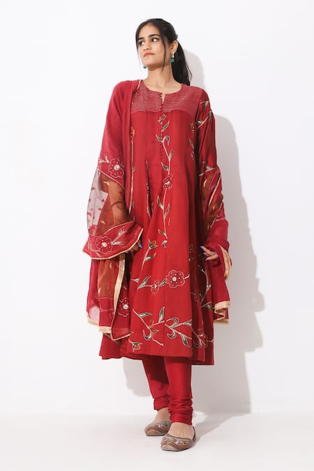Neelu Sethi Maroon China Silk Embroidered Anarkali Set