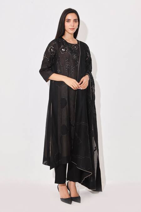 Shop Neelu Sethi Black Chanderi, Lining Shantoon, Pants Cotton Satin Patch And Sequin Kurta Set at Aza Fashions Shop_Neelu Sethi_Black Chanderi, Lining Shantoon, Pants Cotton Satin Patch And Sequin Kurta Set_at_Aza_Fashions
