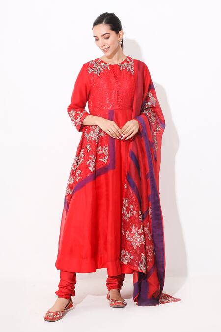 Neelu Sethi Red Organza, Lining Shantoon Sequin Work, Patch And Stone Notched Anarkali Set Online at Aza Fashions Neelu Sethi_Red Organza, Lining Shantoon Sequin Work, Patch And Stone Notched Anarkali Set_Online_at_Aza_Fashions