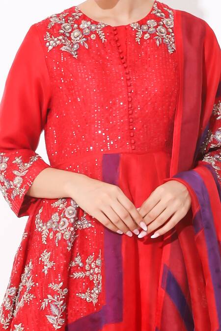 Buy Neelu Sethi Red Organza, Lining Shantoon Sequin Work, Patch And Stone Notched Anarkali Set Online at Aza Fashions Buy_Neelu Sethi_Red Organza, Lining Shantoon Sequin Work, Patch And Stone Notched Anarkali Set_Online_at_Aza_Fashions
