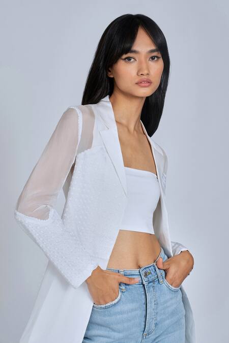 World Of RA_White Organza Embroidery Thread Notched Lapel Collar Geometric Long Blazer_Online_at_Aza_Fashions