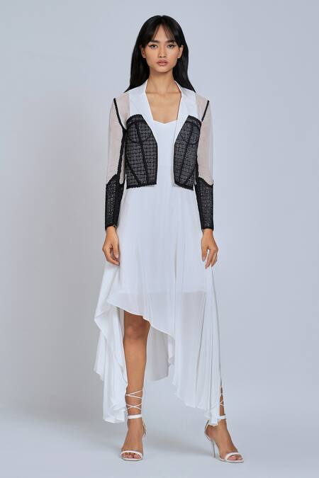 World of Ra White Material Organza Embroidery Thread Work Open Cropped Blazer