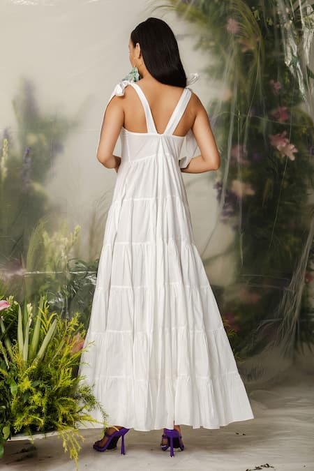 Shop The Iaso White 100% Cotton Leaf Neck Tiered Dress at Aza Fashions Shop_The Iaso_White 100% Cotton Leaf Neck Tiered Dress _at_Aza_Fashions