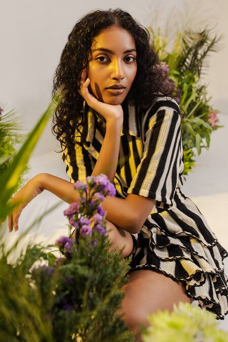 The Iaso Black Stripe Knit Lining Cambric Shirt Yuki Skirt Set at Aza Fashions The Iaso_Black Stripe Knit Lining Cambric Shirt Yuki Skirt Set _at_Aza_Fashions