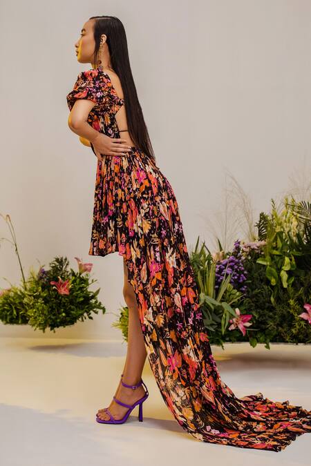 Buy_The Iaso_Black Lining Semi Crepe, Viscose Gold Lurex Chiffon Pattern Asymmetric Dress _Online_at_Aza_Fashions