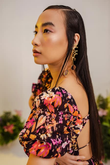 Shop_The Iaso_Black Lining Semi Crepe, Viscose Gold Lurex Chiffon Pattern Asymmetric Dress _Online_at_Aza_Fashions