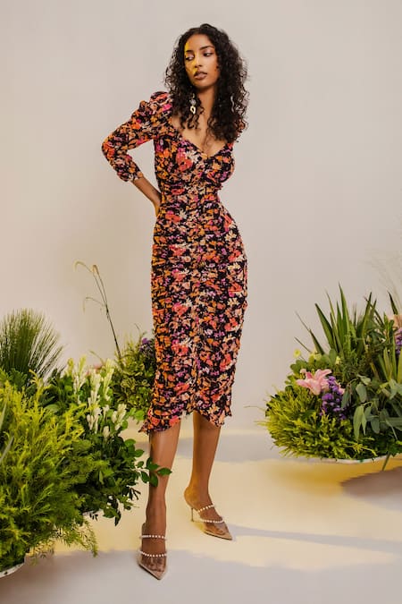 THE IASO Floral Pattern Puffed Sleeve Dress 