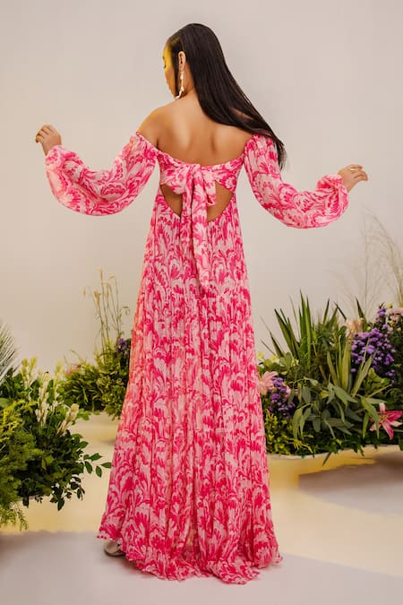 The Iaso_Pink Lining Semi Crepe, Viscose Crinkle Chiffon Pattern Off Shoulder Dress _Online_at_Aza_Fashions
