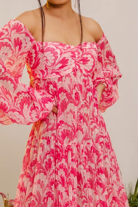 Buy_The Iaso_Pink Lining Semi Crepe, Viscose Crinkle Chiffon Pattern Off Shoulder Dress _Online_at_Aza_Fashions