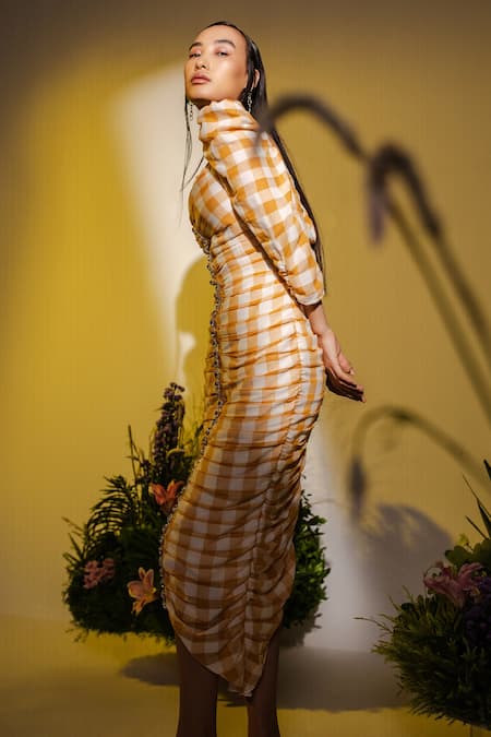 Buy_The Iaso_Orange , Lining Voile Checkered Sweetheart Neck Pattern Dress _Online_at_Aza_Fashions