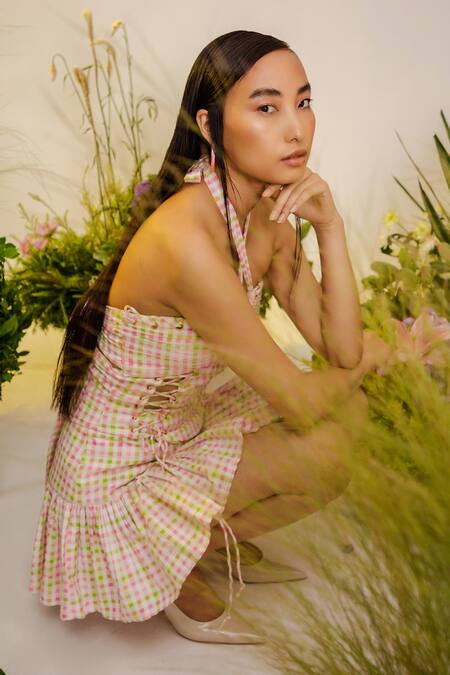 The Iaso Multi Color Gingham Cotton Checkered Halter Neck Pattern Skirt Set Online at Aza Fashions The Iaso_Multi Color Gingham Cotton Checkered Halter Neck Pattern Skirt Set _Online_at_Aza_Fashions