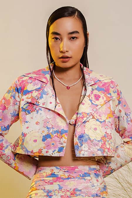 Shop The Iaso Multi Color Poplin Lining Cambric Floral Manami Pattern Jacket at Aza Fashions Shop_The Iaso_Multi Color Poplin Lining Cambric Floral Manami Pattern Jacket _at_Aza_Fashions