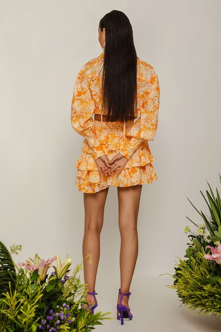 Shop The Iaso Orange Linen Floral Spread Collar Saki Pattern Jacket at Aza Fashions Shop_The Iaso_Orange Linen Floral Spread Collar Saki Pattern Jacket _at_Aza_Fashions