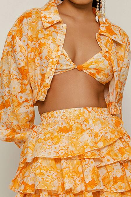 The Iaso Orange Linen Floral Spread Collar Saki Pattern Jacket Online at Aza Fashions The Iaso_Orange Linen Floral Spread Collar Saki Pattern Jacket _Online_at_Aza_Fashions