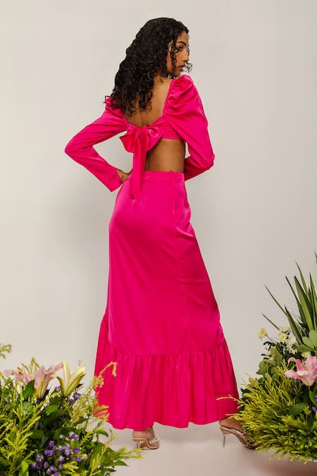 Shop The Iaso Pink Satin Sweetheart Neck Rever Asymmetric Skirt Set at Aza Fashions Shop_The Iaso_Pink Satin Sweetheart Neck Rever Asymmetric Skirt Set _at_Aza_Fashions