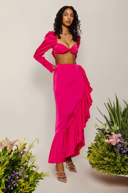 The Iaso Pink Satin Sweetheart Neck Rever Asymmetric Skirt Set Online at Aza Fashions The Iaso_Pink Satin Sweetheart Neck Rever Asymmetric Skirt Set _Online_at_Aza_Fashions