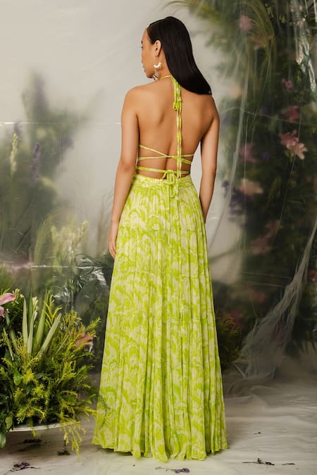 Shop The Iaso Green Lining Crepe, Viscose Crinkle Chiffon Floral Halter Pattern Skirt Set at Aza Fashions Shop_The Iaso_Green Lining Crepe, Viscose Crinkle Chiffon Floral Halter Pattern Skirt Set _at_Aza_Fashions