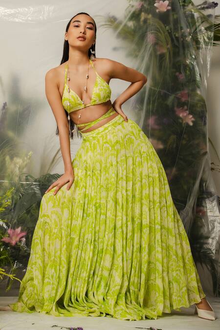 Buy The Iaso Green Lining Crepe, Viscose Crinkle Chiffon Floral Halter Pattern Skirt Set Online at Aza Fashions Buy_The Iaso_Green Lining Crepe, Viscose Crinkle Chiffon Floral Halter Pattern Skirt Set _Online_at_Aza_Fashions