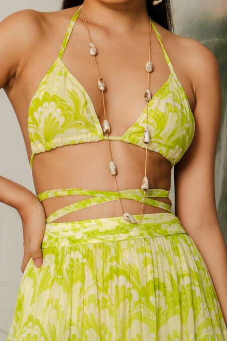 Shop The Iaso Green Lining Crepe, Viscose Crinkle Chiffon Floral Halter Pattern Skirt Set Online at Aza Fashions Shop_The Iaso_Green Lining Crepe, Viscose Crinkle Chiffon Floral Halter Pattern Skirt Set _Online_at_Aza_Fashions