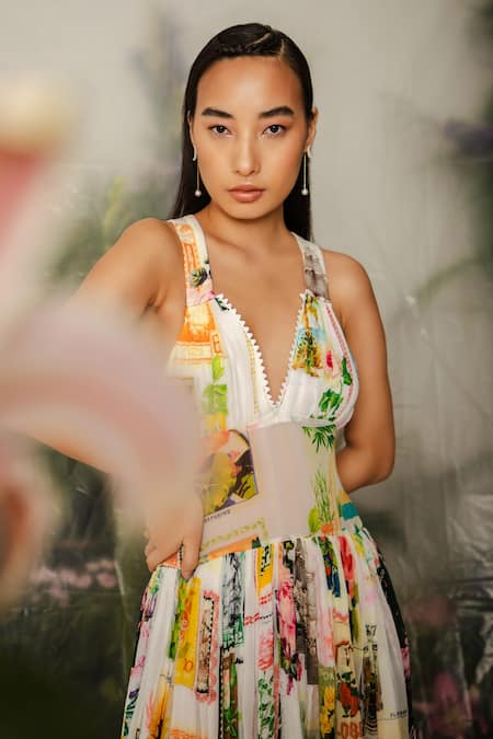 The Iaso_Multi Color Lining Crepe, Viscose Crinkle Chiffon Abstract V Pattern Midi Dress _Online_at_Aza_Fashions