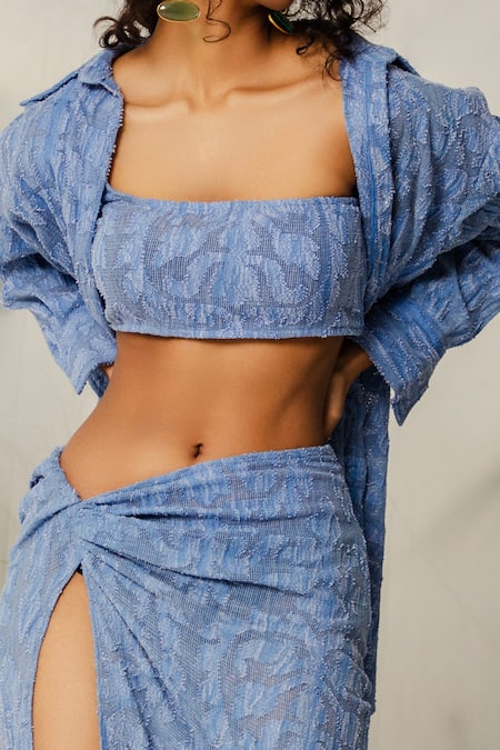 The Iaso_Blue Mesh Cotton Jacquard Floral Shirt Collar Pattern _Online_at_Aza_Fashions