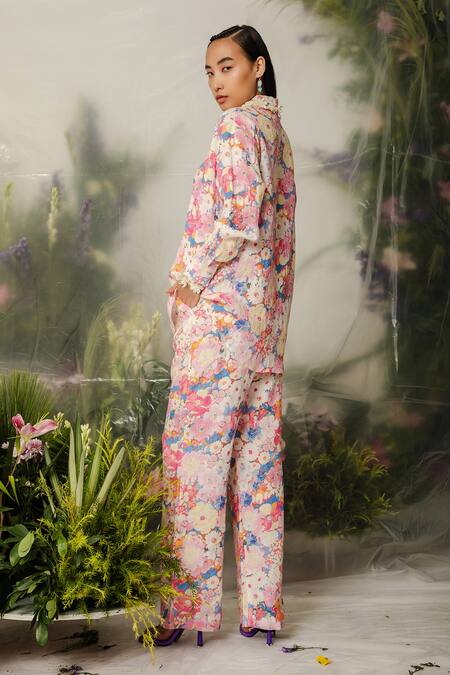 The Iaso Multi Color Silk Chiffon Floral Shirt Collar Manami Pattern Online at Aza Fashions The Iaso_Multi Color Silk Chiffon Floral Shirt Collar Manami Pattern _Online_at_Aza_Fashions