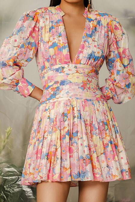 Shop The Iaso Multi Color Self Cotton Jacquard Floral Plunge V Manami Pattern Dress Online at Aza Fashions Shop_The Iaso_Multi Color Self Cotton Jacquard Floral Plunge V Manami Pattern Dress _Online_at_Aza_Fashions