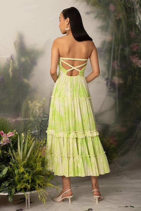 Shop The Iaso Green Self Cotton Schiffli Floral Straight Midori Dress at Aza Fashions Shop_The Iaso_Green Self Cotton Schiffli Floral Straight Midori Dress _at_Aza_Fashions