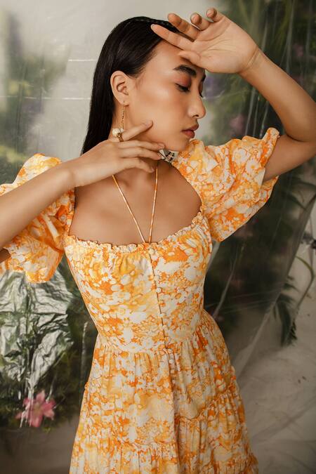 Shop_The Iaso_Orange Poplin Lining Cambric Floral Square Saki Pattern Dress _Online_at_Aza_Fashions