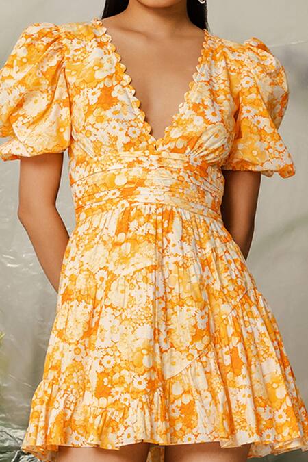 The Iaso Orange Poplin Lining Voile Floral Plunge V Saki Pattern Dress at Aza Fashions The Iaso_Orange Poplin Lining Voile Floral Plunge V Saki Pattern Dress _at_Aza_Fashions