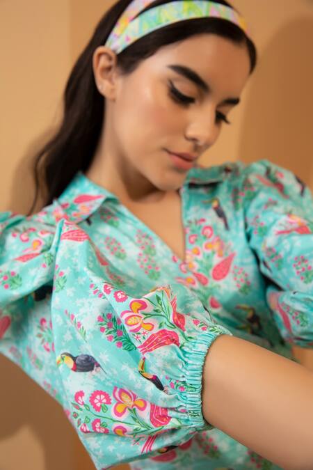 Tarini Vij Blue Cambric Cotton Toucan And Floral Print V Neck Dress Online at Aza Fashions Tarini Vij_Blue Cambric Cotton Toucan And Floral Print V Neck Dress _Online_at_Aza_Fashions