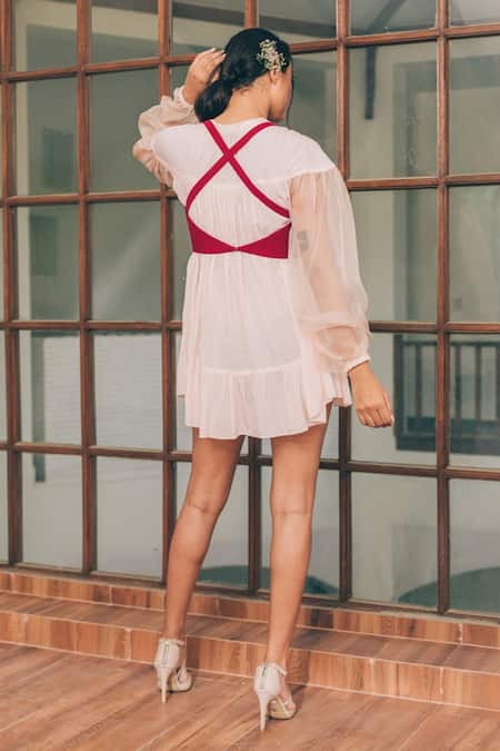 Shop Tarini Vij Pink Cotton And Banana Crepe Round Ava & Ember Dress With Bustier at Aza Fashions Shop_Tarini Vij_Pink Cotton And Banana Crepe Round Ava & Ember Dress With Bustier _at_Aza_Fashions