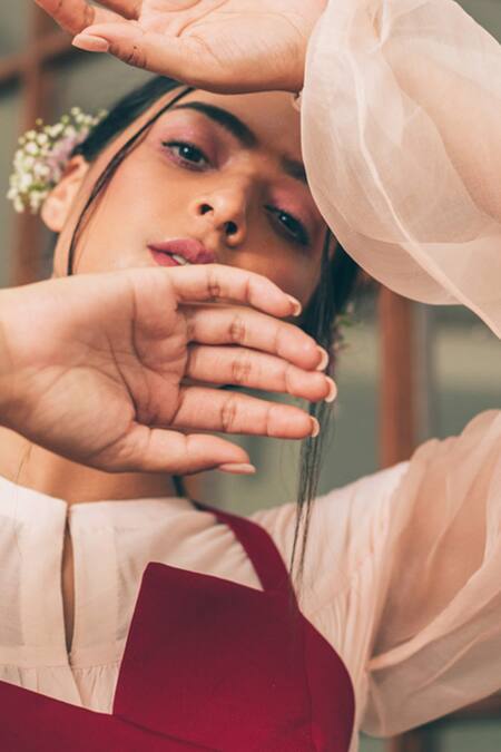 Buy Tarini Vij Pink Cotton And Banana Crepe Round Ava & Ember Dress With Bustier Online at Aza Fashions Buy_Tarini Vij_Pink Cotton And Banana Crepe Round Ava & Ember Dress With Bustier _Online_at_Aza_Fashions