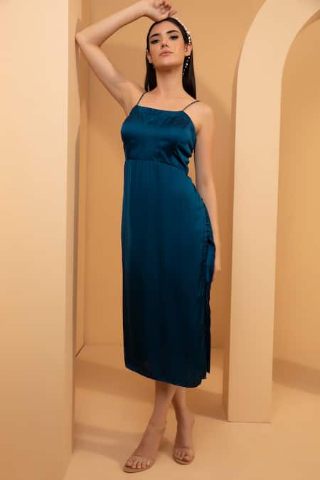 Tarini Vij Blue Imported Satin Square Neck Carol Strappy Dress 