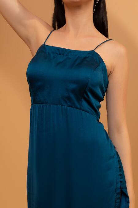 Tarini Vij Blue Imported Satin Square Neck Carol Strappy Dress Online at Aza Fashions Tarini Vij_Blue Imported Satin Square Neck Carol Strappy Dress _Online_at_Aza_Fashions
