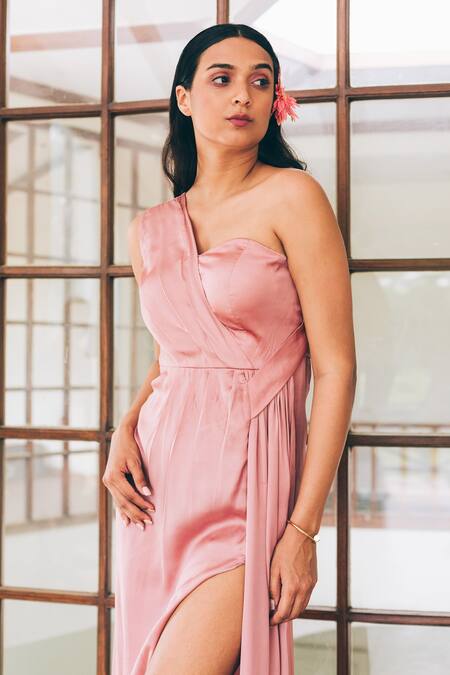 Tarini Vij_Pink Irish Satin One Shoulder Charlotte Dress _Online_at_Aza_Fashions